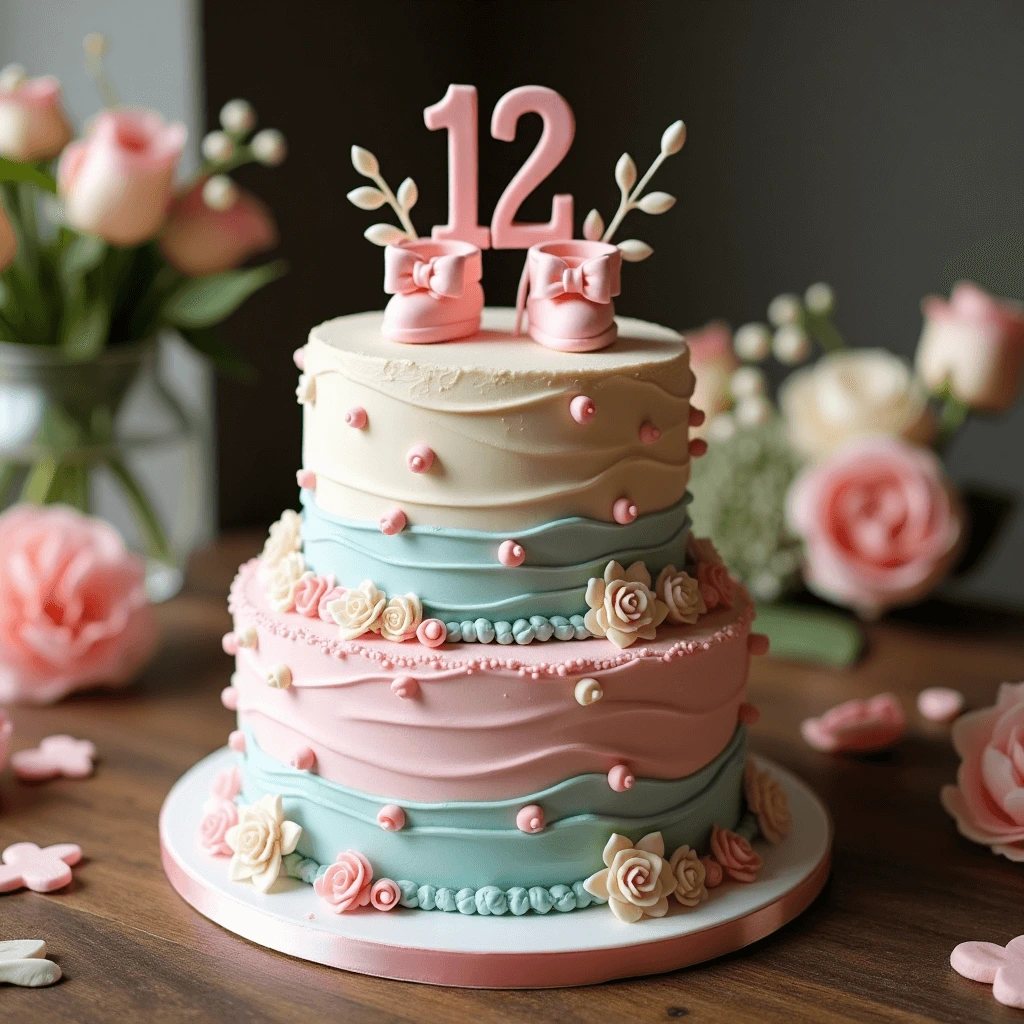A gender reveal cake with white frosting and pastel decorations, revealing a hidden pink or blue filling inside when sliced.